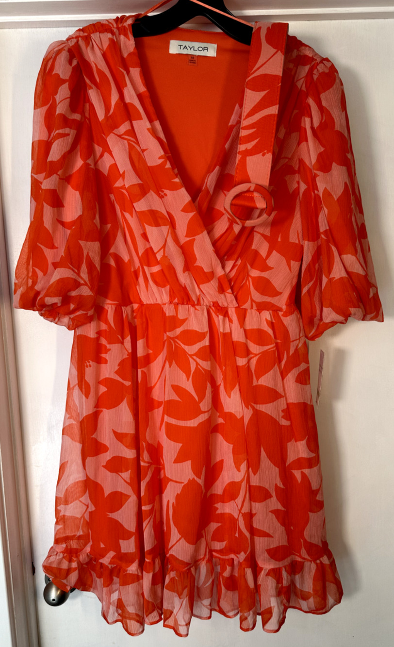 Taylor Pink Red Floral Chiffon Ruffle Dress Bubble Sleeves Womens Size 14 Belt